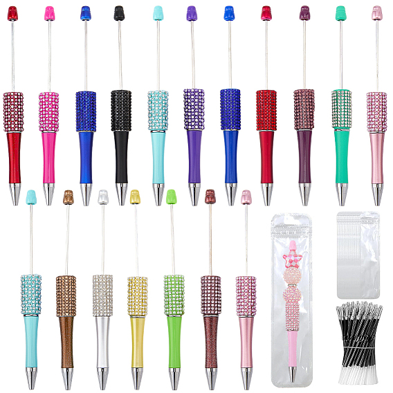 18Pcs 18 Styles Plastic Beadable Pens, Ball-Point Pen, with Rhinestone, for DIY Personalized Pen, with 18Pcs Plastic Packaging Yin-yang Resealable Bags
