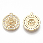 Brass Micro Pave Cubic Zirconia Pendants, Flat Round with Lion, Nickel Free, Clear