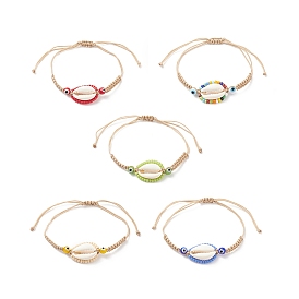 5 pcs 5 couleur cauri naturel coquille & verre graine & lampwork mauvais œil bracelets de perles tressées ensemble, bracelets chanceux réglables pour femmes