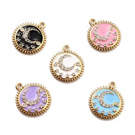 Brass Enamel Pendants, with Crystal Rhinestone, Real 18K Gold Long-Lasting Plated, Sun with Moon