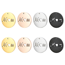 PandaHall Elite 8Pcs 4 Colors Mother's Day Ion Plating(IP) 304 Stainless Steel Pendants, Flat Round with Hollow Word Mom