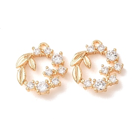 Brass Micro Pave Clear Cubic Zirconia Pendants, Wreath Charms