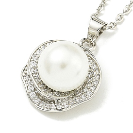 304 Stainless Steel Cable Chain Necklaces, Brass Clear Cubic Zirconia Round Pendant Necklaces, with Imitation Pearl