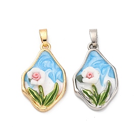 Brass Enamel Pendants, with Resin, Irregular Oval with Flower Charm