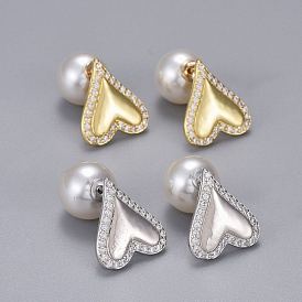 Clous d'oreilles en laiton zircon cubique micro pavé clair, avec de l'acrylique perle d'imitation, plaqué longue durée, cœur