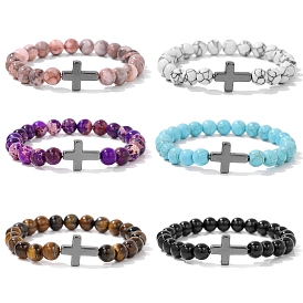 Gemstone Stretch Bracelets, with Synthetic Hematite Cross Beads