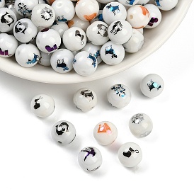 Рождественские непрозрачные стеклянные бусины, круглая с гальваническим узором смешанного типа