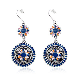 Boho Beach Vacation Sunflower Double-layer Carved Oil Drop Alloy Earrings Pendant Set