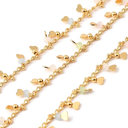 Handmade Brass Link Chain, with Glass Beads, Soldered, with Spool, Real 18K Gold Plated