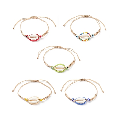 5Pcs 5 Color Natural Cowrie Shell & Glass Seed & Lampwork Evil Eye Braided Bead Bracelets Set, Adjustable Lucky Bracelets for Women