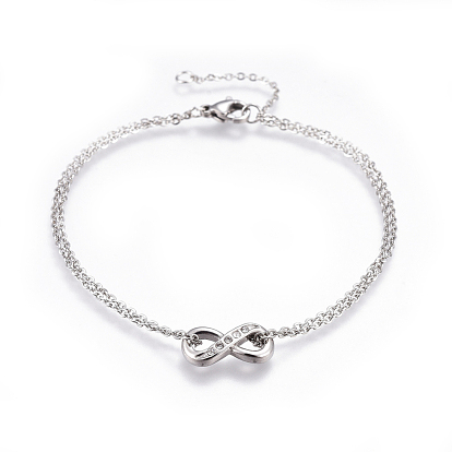 304 Stainless Steel Multi-strand Bracelets, with Rhinestone and Cable Chains, Infinity