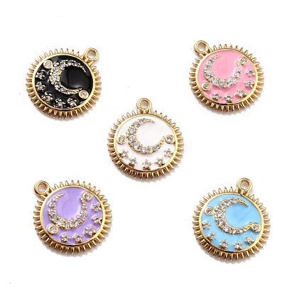 Brass Enamel Pendants, with Crystal Rhinestone, Real 18K Gold Long-Lasting Plated, Sun with Moon