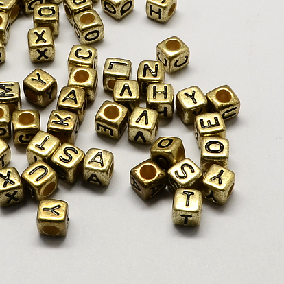 Antique Golden Plated Large Hole Acrylic Letter European Beads, Horizontal Hole, Cube with Letter, 6x6x6mm, Hole: 4mm, about 2950pcs/500g