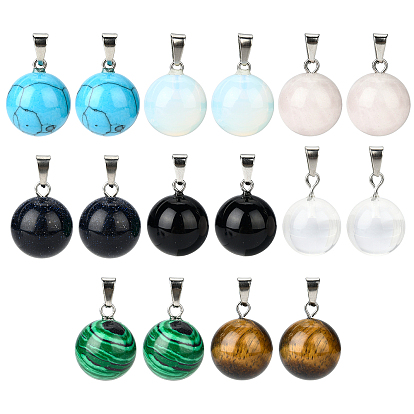 16Pcs 8 Style Natural & Synthetic Gemstone Pendants, with Platinum Iron Findings, Round