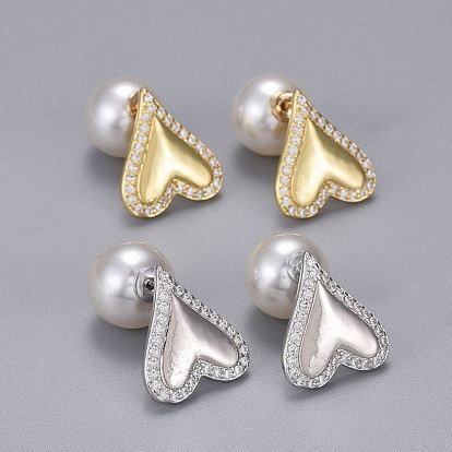 Clous d'oreilles en laiton zircon cubique micro pavé clair, avec de l'acrylique perle d'imitation, plaqué longue durée, cœur