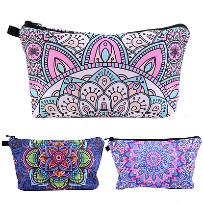 3Pcs 3 Style Polyester Tarp Zip Cosmetic Pouches, Rectangle with Flower Pattern