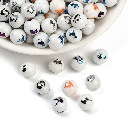 Рождественские непрозрачные стеклянные бусины, круглая с гальваническим узором смешанного типа