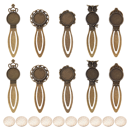 10 pièces de cabochons marque-pages en alliage de zinc, bronze antique, avec 10pcs broche en fer tamis apprêts