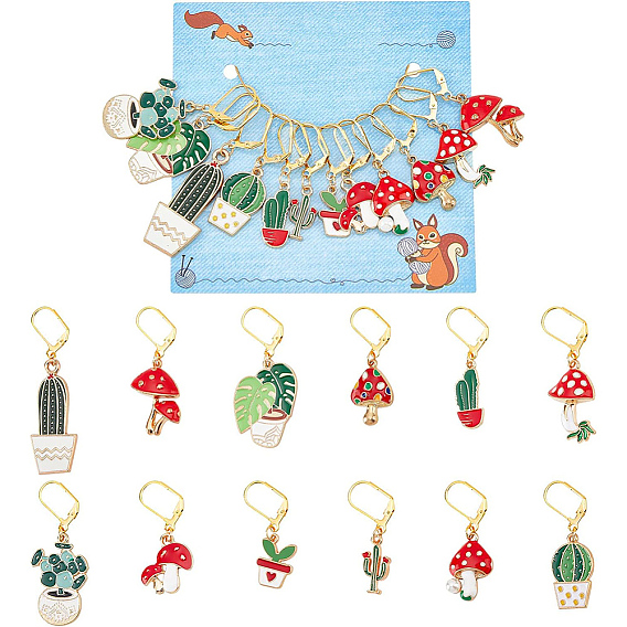 12 шт. 12 маркеры стежков с эмалевым сплавом в стиле кактусов, листьев и грибов, с 304 фурнитурой из нержавеющей стали