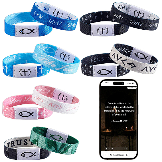 12Pcs 12 Colors Polyester Cord Stretch Bracelets for Women Men, Jesus Fish