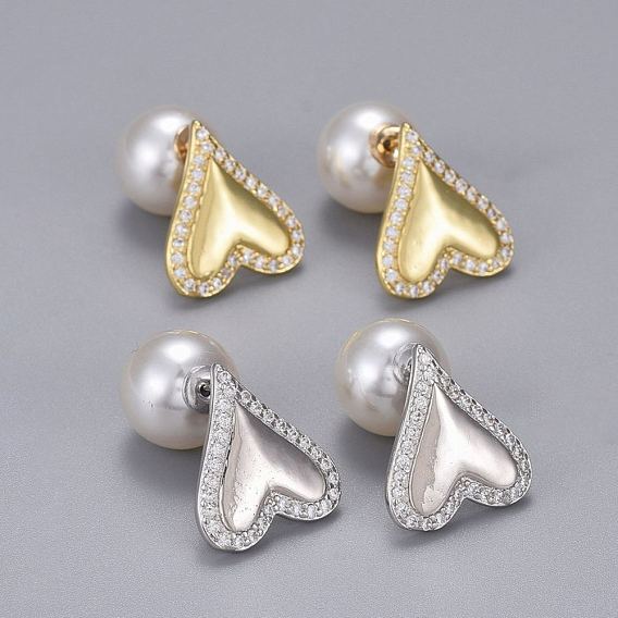 Brass Micro Pave Clear Cubic Zirconia Stud Earrings, with Acrylic Imitation Pearl, Long-Lasting Plated, Heart