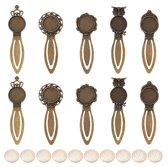 10Pcs Zinc Alloy Bookmark Cabochon Settings, Antique Bronze, with 10Pcs Iron Brooch Sieve Findings