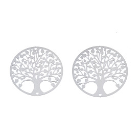 201 Stainless Steel Filigree Links, Etched Metal Embellishments, Flat Round with Tree of Life