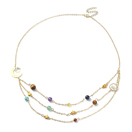 Natural & Synthetic Mixed Gemstone Beaded Triple Layered Necklaces, Brass Cable Chains Necklace for Women