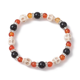 Halloween Skull Synthetic Turquoise & Natural Red Agate & Black Onyx Beaded Stretch Bracelets