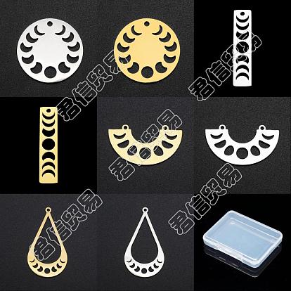 BENECREAT 16Pcs 8 Style 201 Stainless Steel Connector Charms & Pendants, Moon Phase Charms, Laser Cut, Flat Round & Semi Circle & Rectangle & Teardrop
