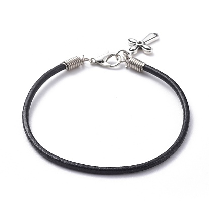 Unisex Charm Bracelets, with Cowhide Leather Cord, Alloy Pendants and Lobster Claw Clasps, Cross