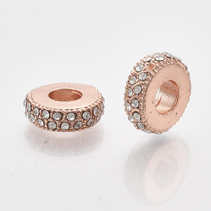 Rose Gold Plated Alloy European Beads, with Rhinestones, Large Hole Beads, Flat Round