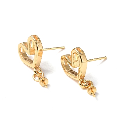 Brass Stud Earring Findings, with Cup Peg Bails and 925 Sterling Silver Pins, Cadmium Free & Nickel Free & Lead Free, Heart