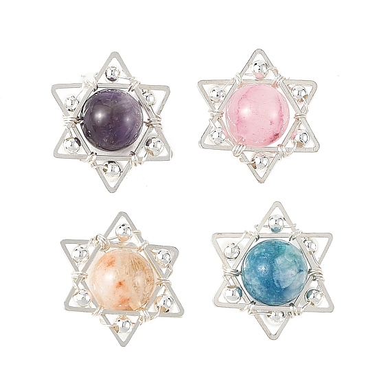 4Pcs 4 Colors Natural Dyed Green Jade & Apatite & Amethyst & Apatite Copper Wire Glass Wrapped Pendants, Star Charms, Platinum