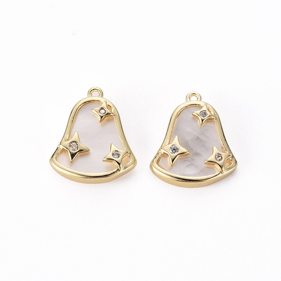 Brass Micro Pave Clear Cubic Zirconia Charms, with Shell, Bell, Nickel Free