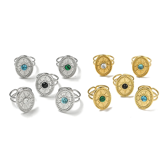 304 открытые манжеты из нержавеющей стали, Овальные кольца со звездочкой на пальце из синтетического малахита и бирюзы для женщин и мужчин
