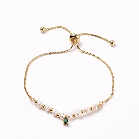 Bracelets ajustables en laiton, bracelets bolo, avec breloques en zircone cubique en laiton en forme de larme, perles en laiton et perles de perles naturelles