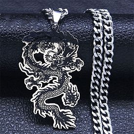 304 collares con colgante de esmalte de acero inoxidable para mujeres y hombres, dragón