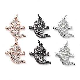 Halloween Rack Plating Brass Micro Pave Clear Cubic Zirconia Pendants, with Jump Ring, Long-Lasting Plated, Cadmium Free & Lead Free, Ghost