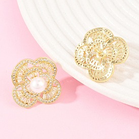 Серьги-гвоздики из латуни с микропаве и прозрачными кубическими циркониями в форме цветка ко Дню святого Валентина, с ABS имитации жемчуга, долговечный, без свинца и без кадмия