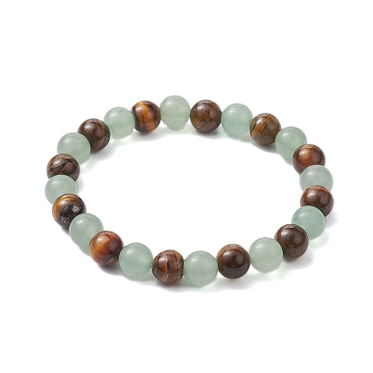 8.5mm Round Natural Green Aventurine & Tiger Eye Beaded Stretch Bracelets for Women Men