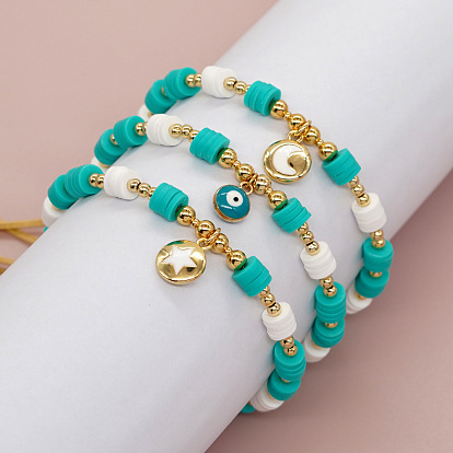 Браслеты с подвесками из латунных круглых бусин, плетеные браслеты из бусин хейши из полиэфирной глины для женщин, со сплавом