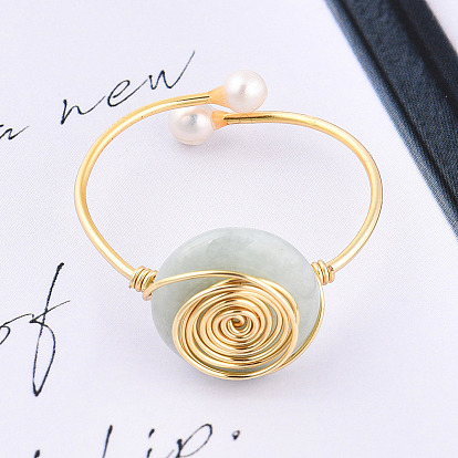 Natural Jadeite Open Cuff Ring with Pearl Beaded, Brass Wire Wrapped Vortex Ring for Wome