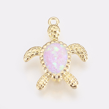 Pendentifs opales synthétiques, avec les accessoires en laiton, teint, tortue