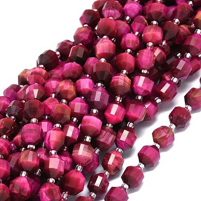 Natural Tiger Eye Beads Strands, with Seed Beads, Faceted, Bicone, Double Terminated Point Prism Beads, Dyed & Heated