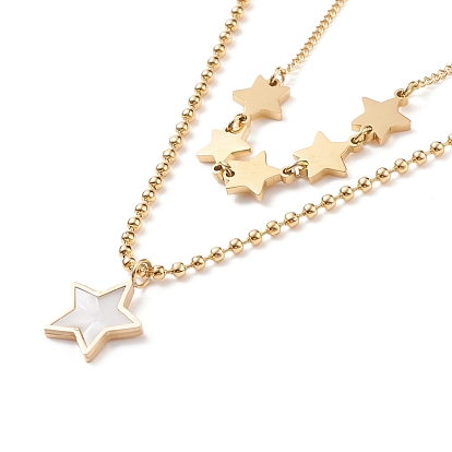 Double Chains Multi Layered Necklaces with Resin Shell Star Charms, Ion Plating(IP) 304 Stainless Steel Jewelry for Women