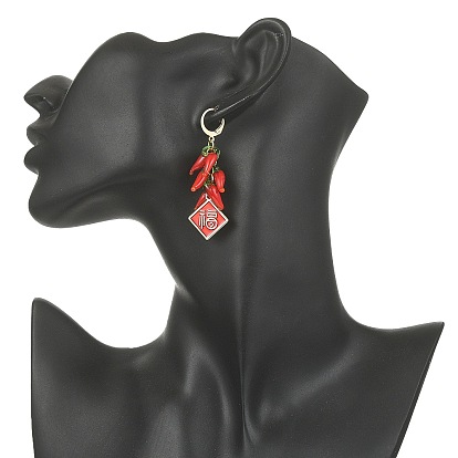 Hot Pepper Lampwork Dangle Leverback Earrings, Spring Festival Theme FU Character Alloy Enamel Cluster Earrings