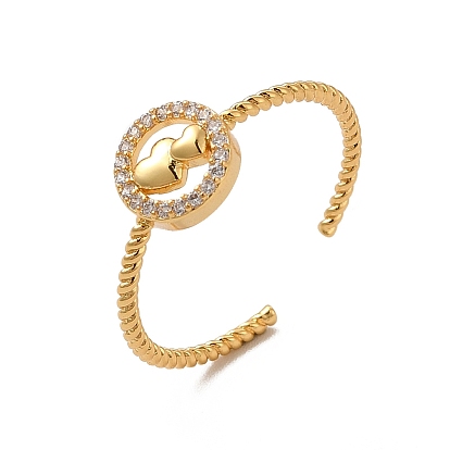 Anillo de puño abierto con doble corazón de circonita cúbica transparente, joyería de latón chapado en rack para mujer, sin plomo y cadmio