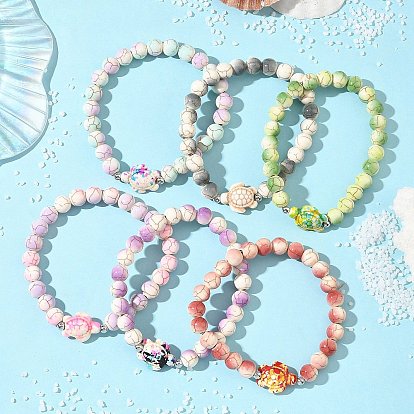 6 шт. 6 цвета, краска для выпечки, синтетические бирюзовые круглые и черепаховые бусины, эластичные браслеты для мужчин и женщин