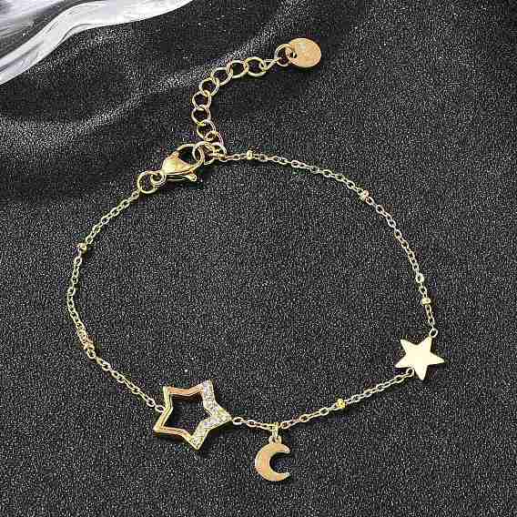 304 браслеты из нержавеющей стали с микро-паве из звеньев для женщин, звезда и луна, ионное покрытие (ip)